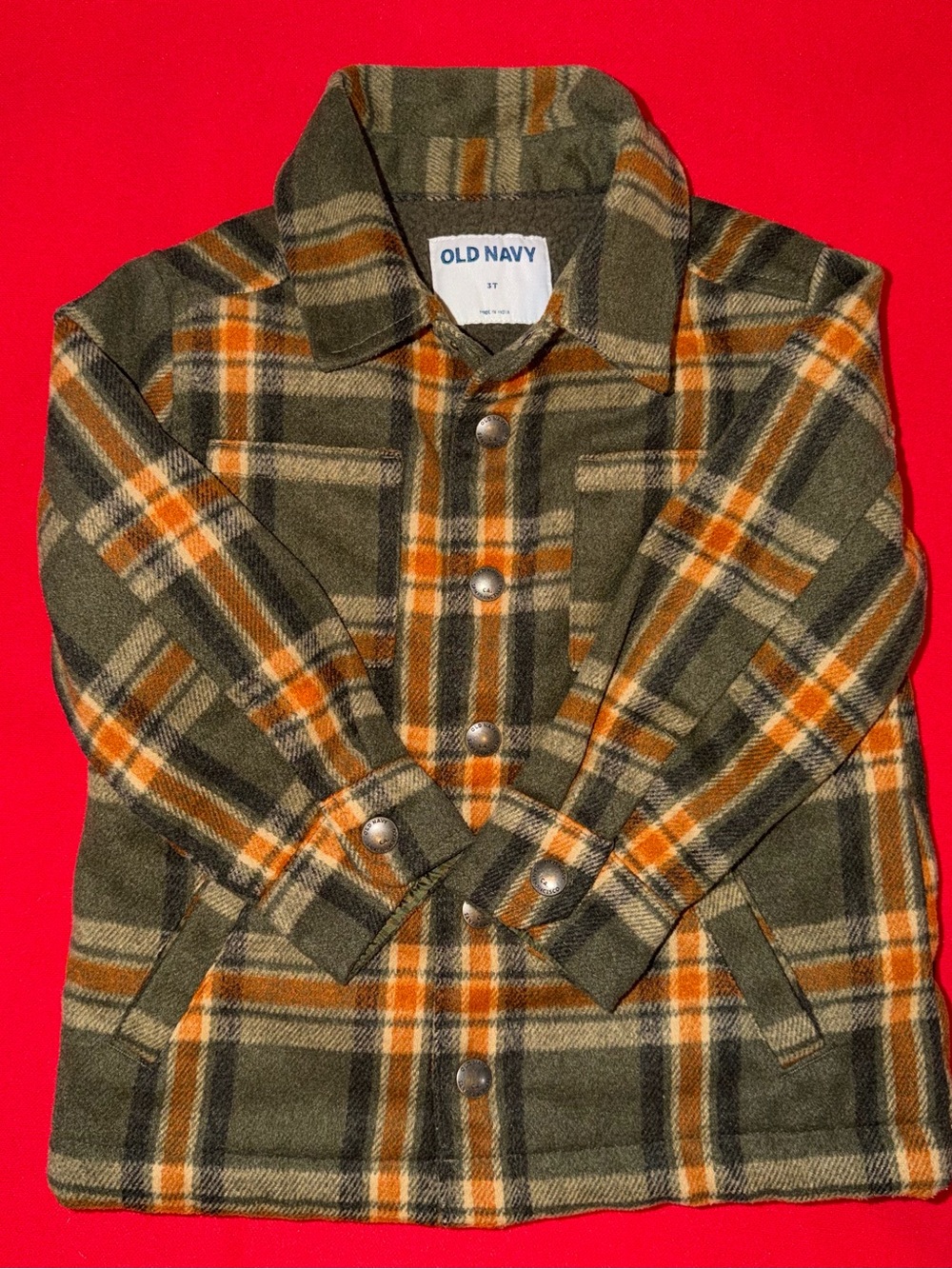 Old Navy Green and Orange Plaid Fleece Button-Front Shirt Jacket